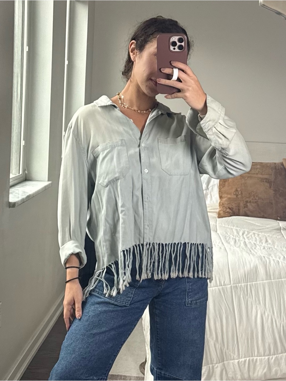 Aqua Light Blue Fringe Button-Down Shirt